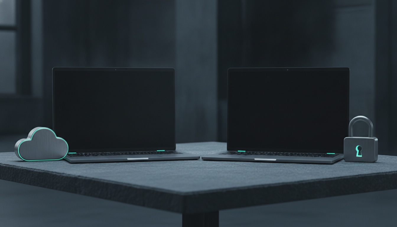 Two laptops on a dark table, a cloud icon beside one and a padlock beside the other