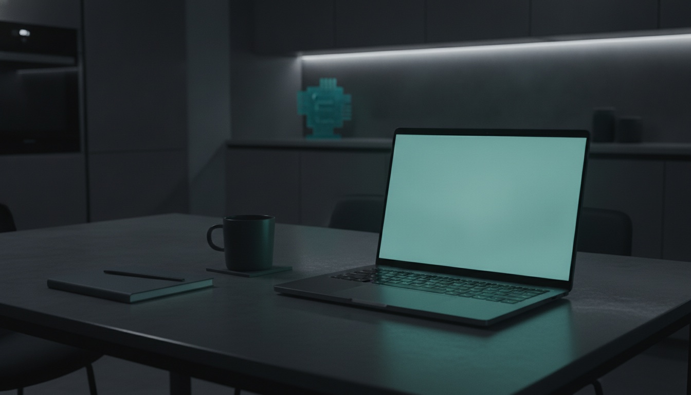 A laptop on a kitchen table at night