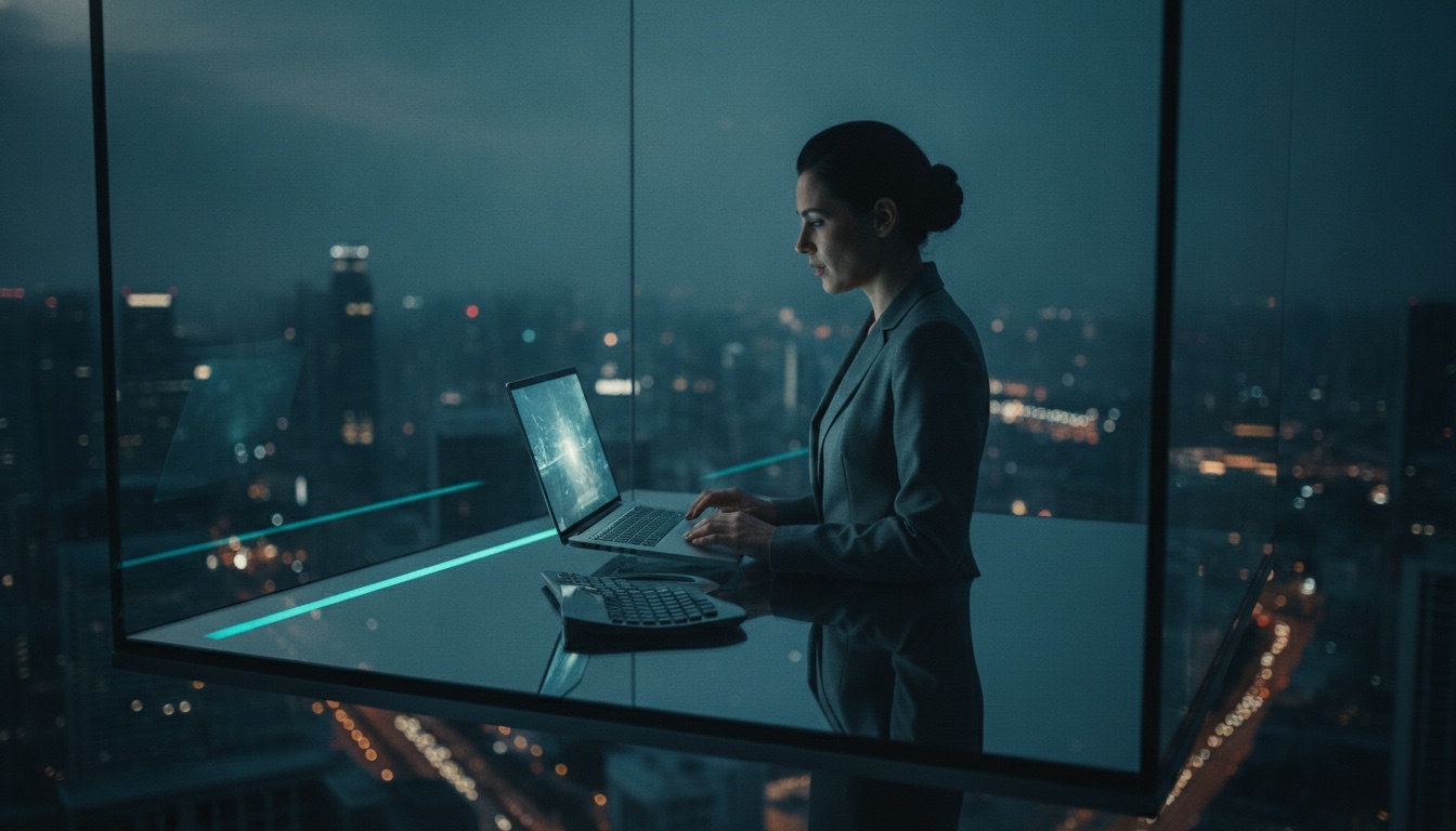 A woman speaking to her laptop in a glass office above a city at dusk