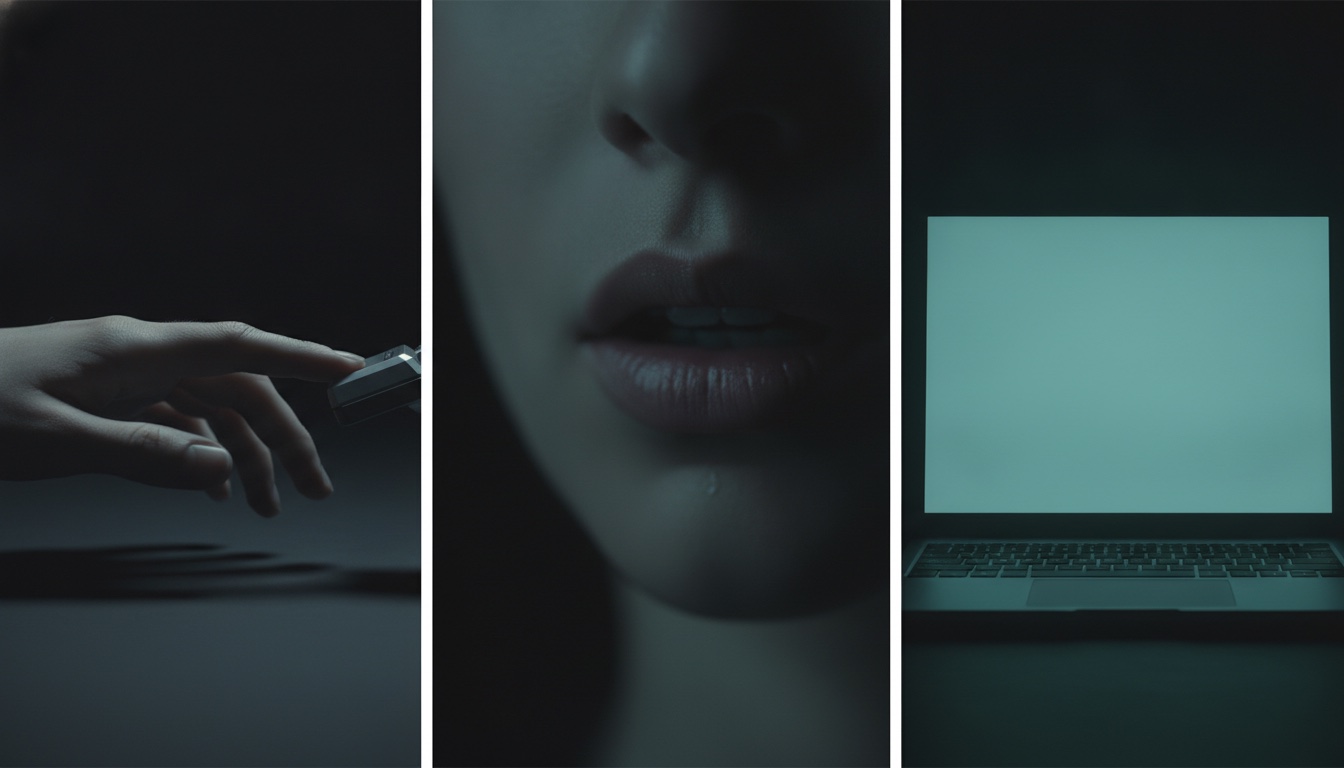 A hand on a key, lips mid-word and a glowing laptop screen