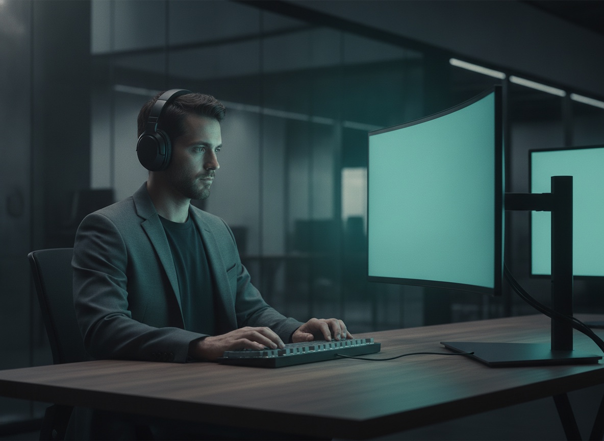 A developer talking to a wide monitor with a mechanical keyboard