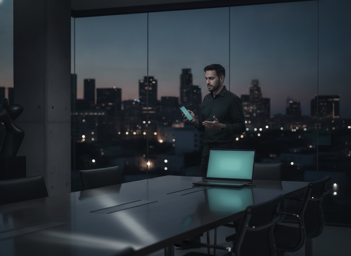 A founder pacing a glass meeting room at dusk