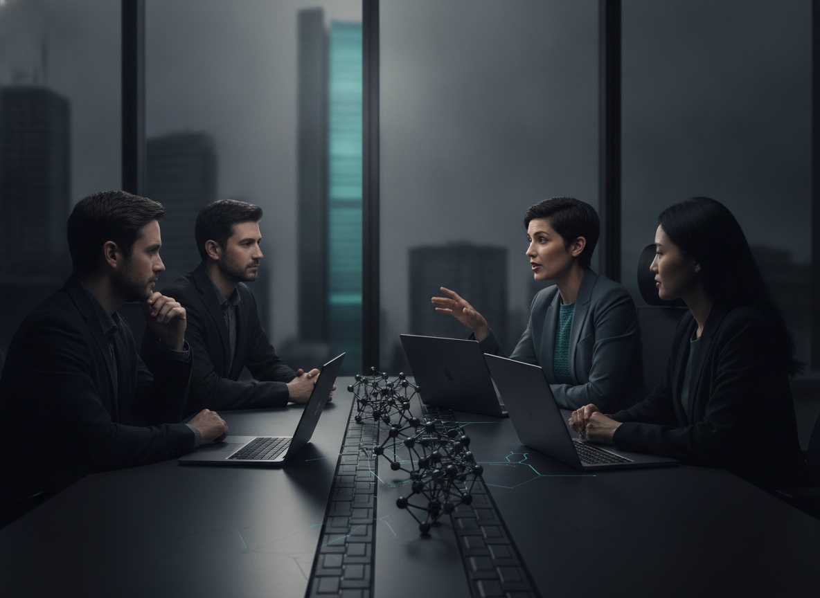 A small team around a table with two laptops