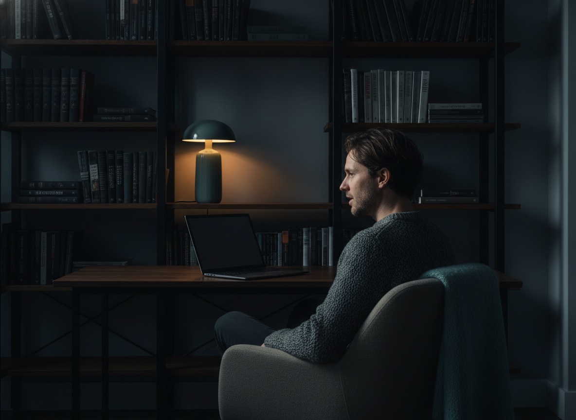 A novelist speaking toward a laptop in a book-lined apartment
