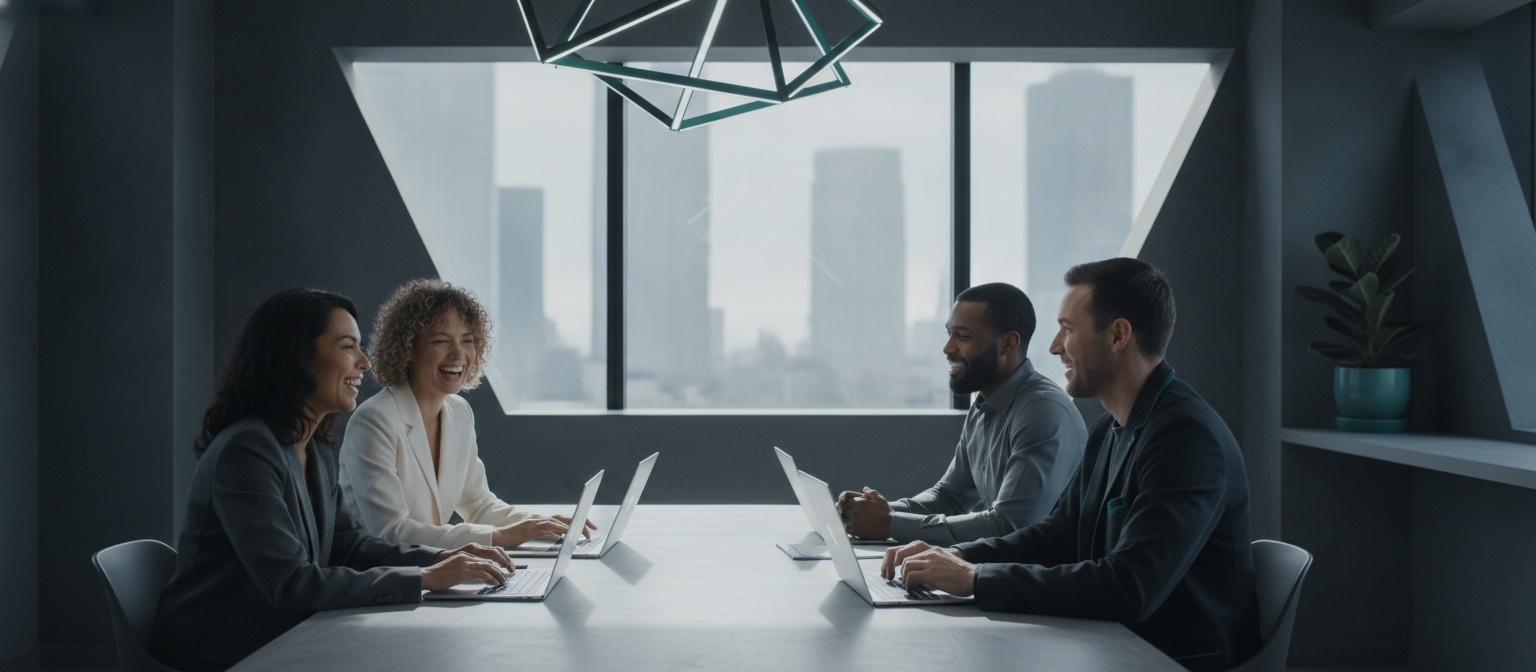 Four colleagues from different countries talking in a bright co-working space